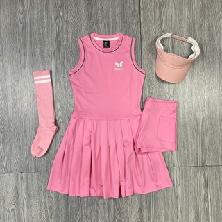 Đầm Váy Liền Thân MILAVY Cổ Tròn Tay Ngắn Dáng Xếp Ly Vải Thun Xịn Đẹp Logo Thêu Kèm Quần Bảo Hộ Chơi Pickleball BML15