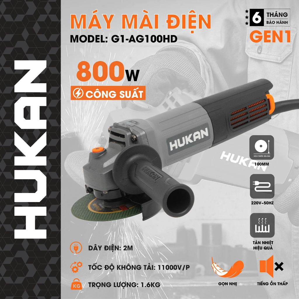 [Mới] Máy Mài Góc HUKAN G1-AG100HD, Công Suất Lớn 800W, Công Tắc Đuôi - Motor dây đồng