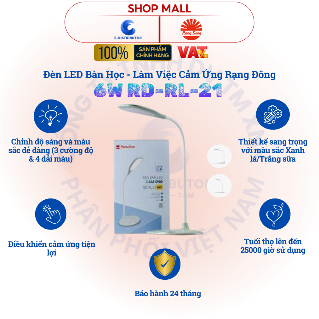 [HỎA TỐC] Đèn LED bàn học - Làm việc - Cảm ứng 3 cường độ Rạng Đông RD-RL-21 (8W) - BH 24 tháng - Ch