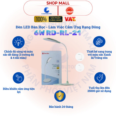 [HỎA TỐC] Đèn LED bàn học - Làm việc - Cảm ứng 3 cường độ Rạng Đông RD-RL-21 (8W) - BH 24 tháng - Chính hãng