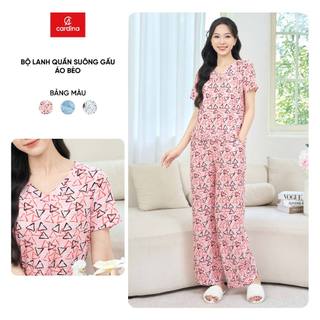  Bộ đồ mặc nhà nữ CARDINA chất lanh cổ tim tay ngắn quần suông gấu áo bèo 5BLD04 