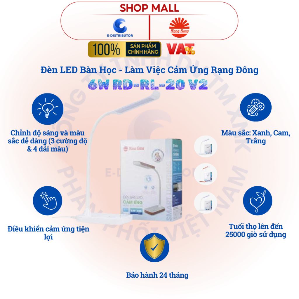 [HỎA TỐC] Đèn LED bàn học - Làm việc điều khiển cảm ứng Rạng Đông RD-RL-20V2 (6W) - BH 24 tháng - Ch