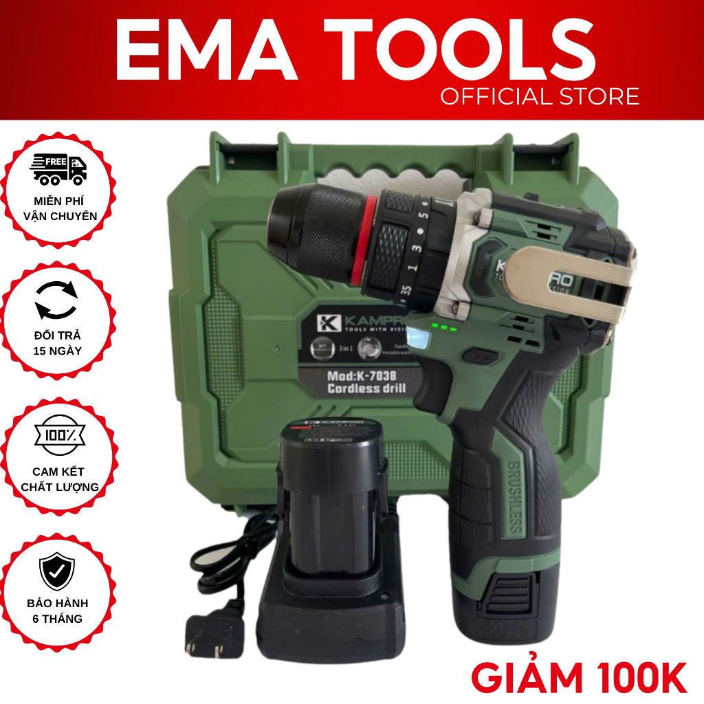 Máy Khoan Pin Kampro K-7038 Xanh, 3 Chức Năng, Đầu Kẹp Autolock, Động Cơ Không Chổi Than