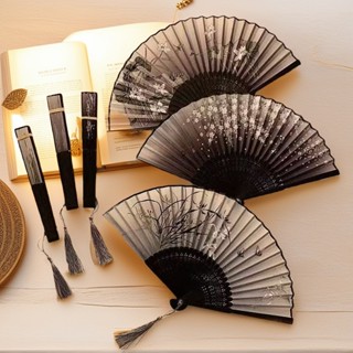 Quạt cầm tay cổ trang Trung Quốc bằng vải giấy gỗ xếp, quạt múa văn nghệ hầu đồng thánh