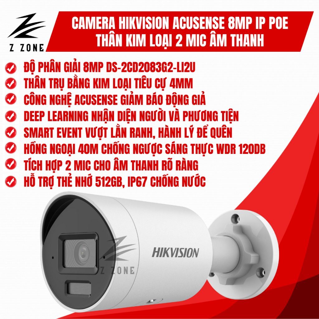 Camera Hikvision AcuSense 8MP IP POE Thân Kim Loại DS-2CD2083G2-LI2U, Mic Kép, Hỗ Trợ Thẻ