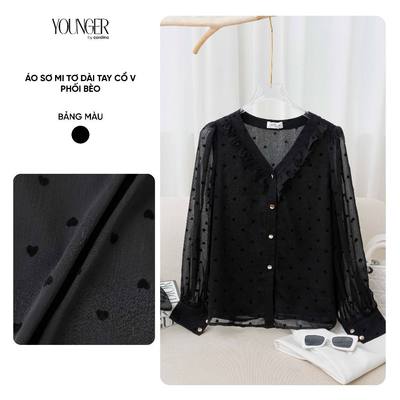 Áo sơ mi nữ Younger By Cardina chất tơ dài tay cổ V phối bèo họa tiết tim trẻ trung thanh lịch 5YASD17
