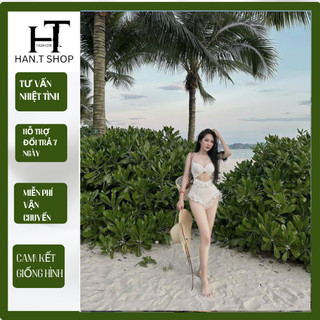  Bikini đồ bơi đi biển 1 mảnh ren bèo hai màu trắng đen xinh xắn + khăn turban xinh xắn HAN.T SHOP 
