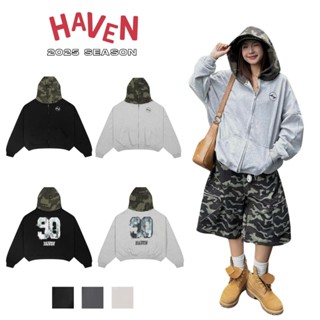 Áo Hoodie Camo Form Boxy Haven Studio màu đen và màu xám in số 90 phối nón rằn ri