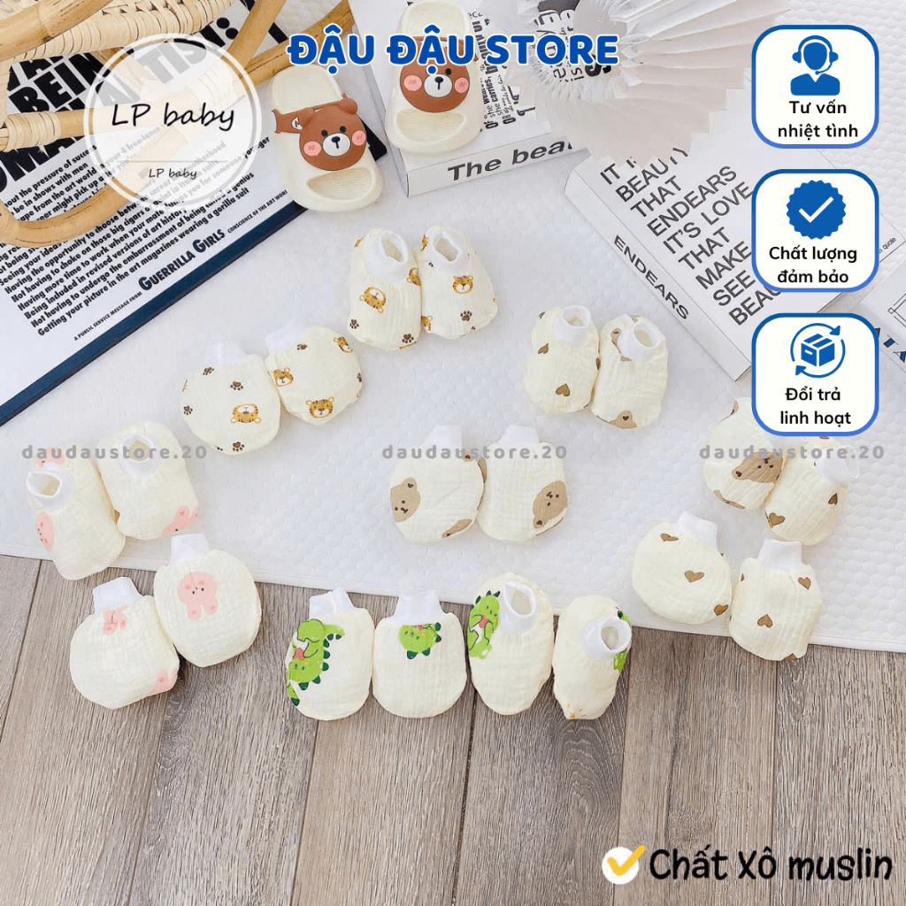 Bao Chân Bao Tay MUSLIN LP Cho Bé sơ sinh mềm mịn thoáng mát co giãn in họa tiết Đậu Đậu Store