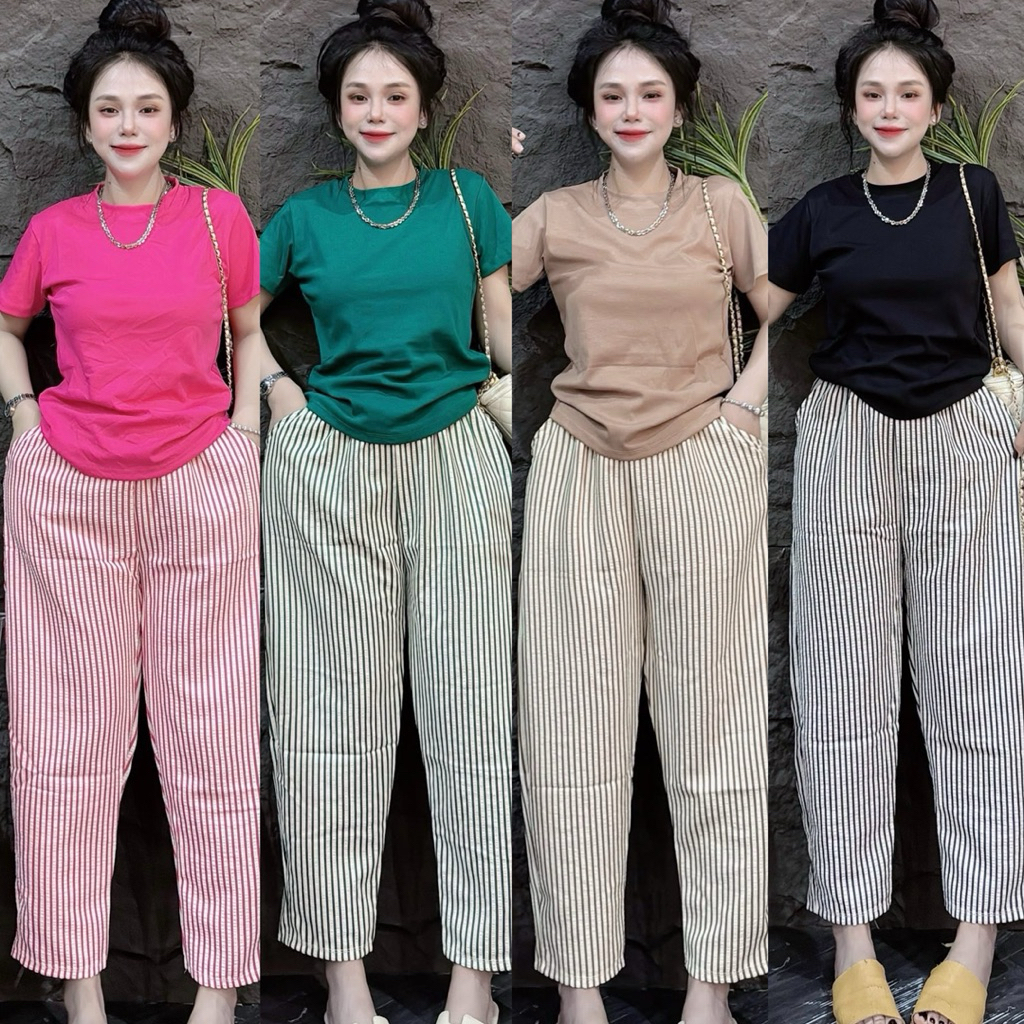 Set Bộ Tăm Lạnh Trơn Quần Baggy Sọc Đủ Màu - HN CLOSET