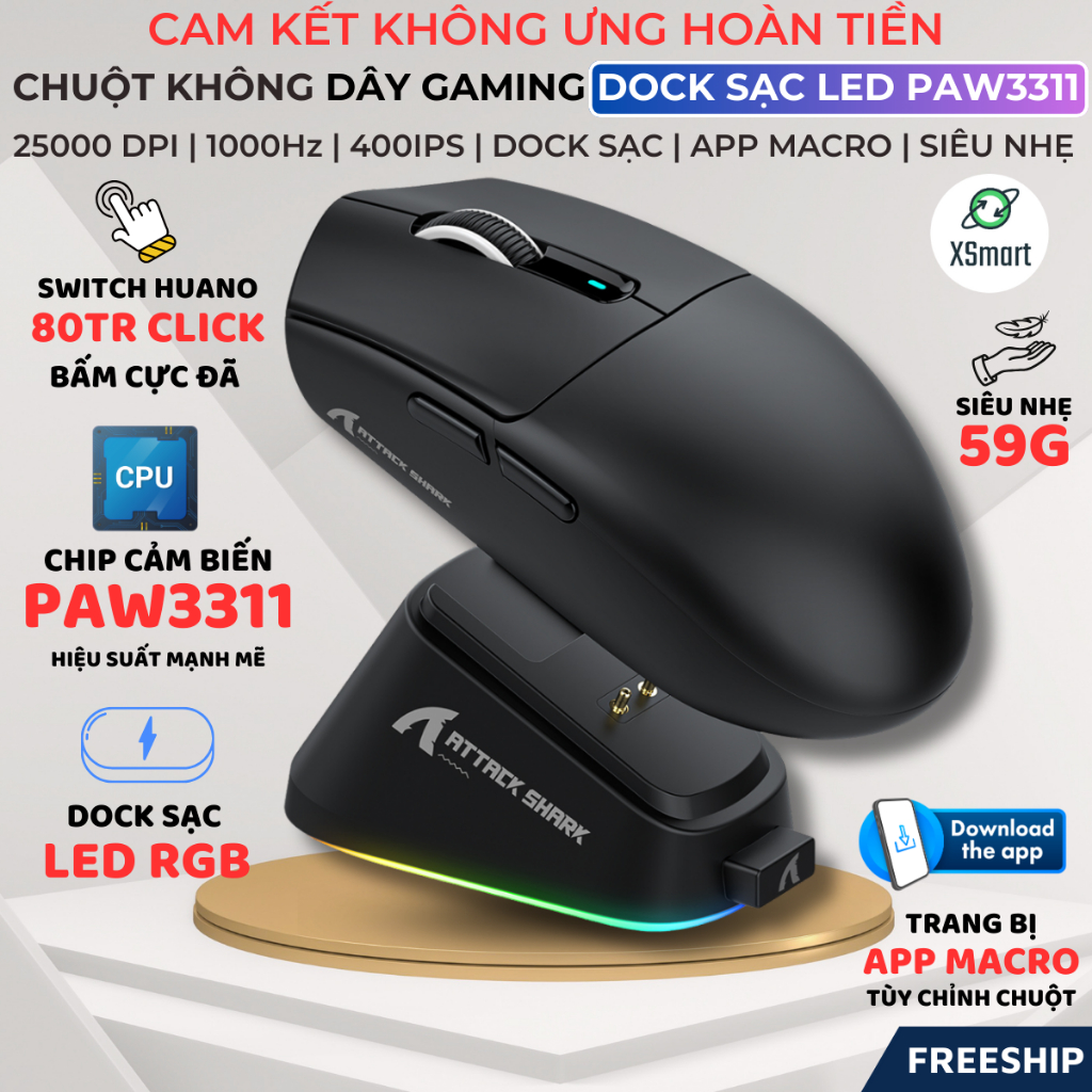 Chuột Không Dây Gaming  Attack Shark G3 Pro Dock Sạc RGB, Cảm Biến PAW3311, Switch Huano, App Macro