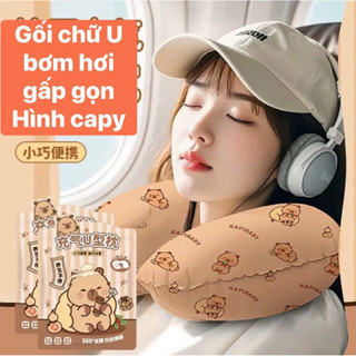  Gối chữ U bơm hơi gấp gọn tiện lợi chất Lụa sữa mềm mát - Gối kê cổ văn phòng du lịch đi xe ô tô máy bay hình capybara 