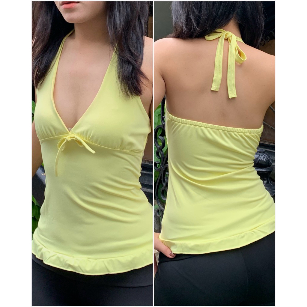 Áo cột cổ viền bèo hoạ tiết chấm bi cổ điển Unnie áo hở lưng cột cổ viền bèo y2k style/ áo chiết eo 