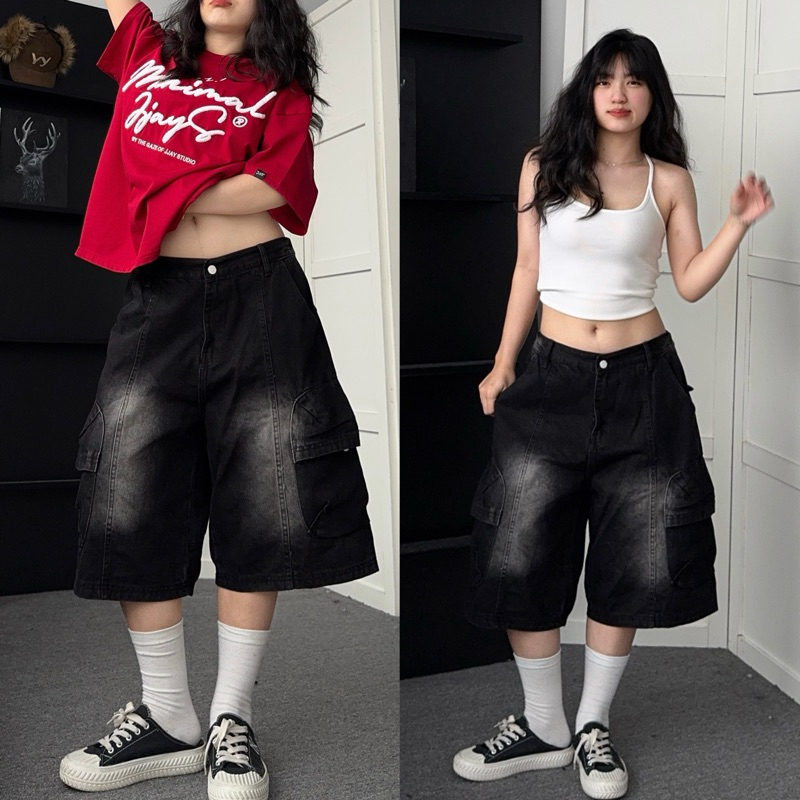 Jaystoree | Quần Shorts Jean túi hộp JUHO WASH màu XANH form Unisex 🖤 Quần ngố denim ống rộng | BigBuy360 - bigbuy360.vn