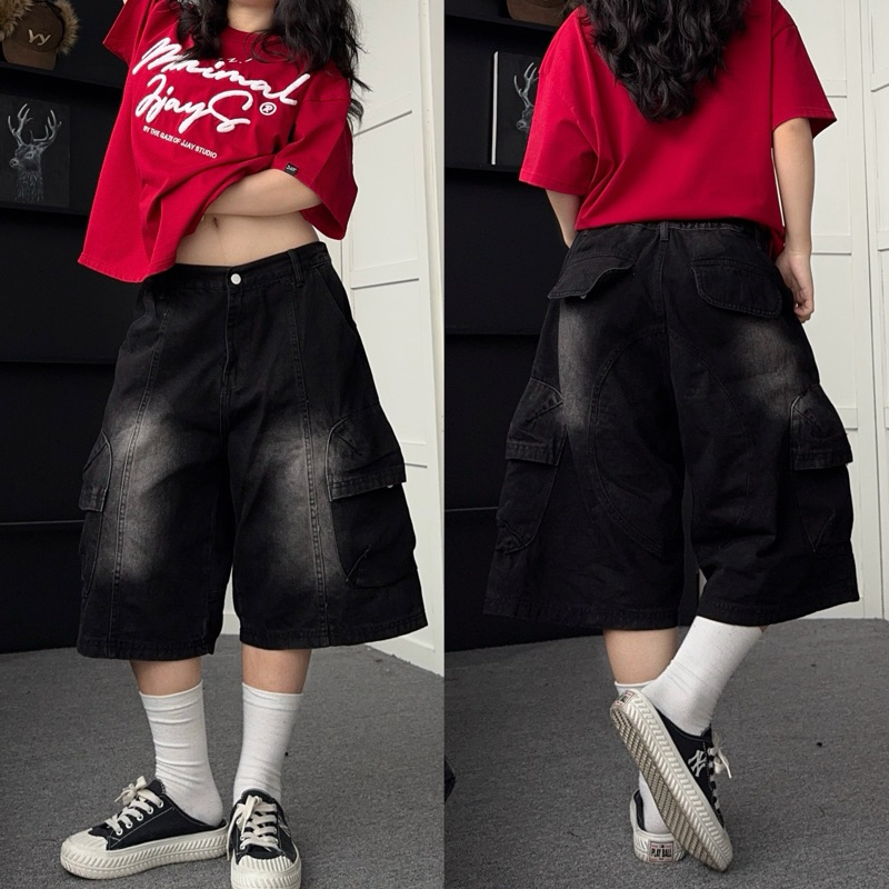 Jaystoree | Quần Shorts Jean túi hộp JUHO WASH màu XANH form Unisex 🖤 Quần ngố denim ống rộng | BigBuy360 - bigbuy360.vn