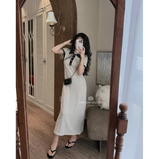 Váy Đầm Polo cổ đức hoạ tiết trơn thêu ngựa Váy suông tay cộc viền đen dáng dài cách điệu