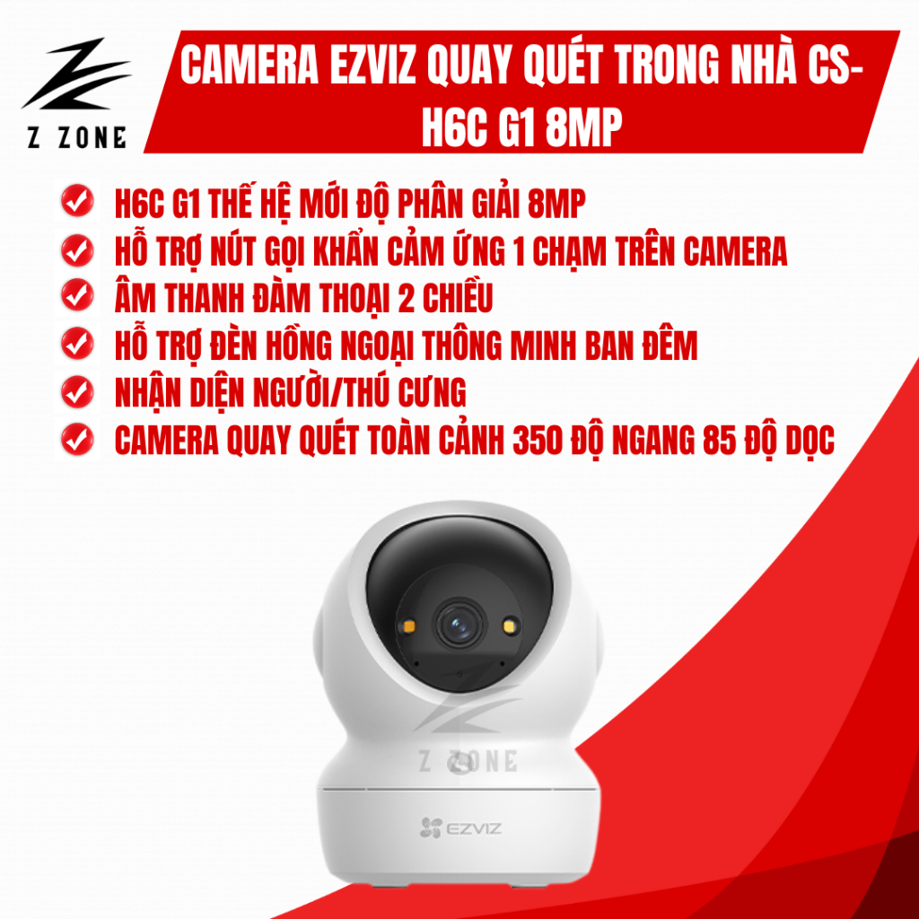 Camera Quay Quét Trong Nhà Ezviz H6c G1 8MP, Đàm thoại 2 chiều, Quay quét 350 độ, AI Thông Minh