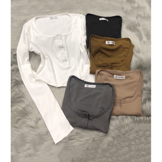    M36     Mẫu Mới  Áo thun cổ vuông tay dài nút gài vạc bầu croptop siết eo vải borip cotton mịn  dáng áo ngắn trên rốn  