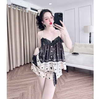 Đồ ngủ sexy lụa, set ngủ mặc nhà 2 dây ren ngực thoải mái bigsize từ 42-65kg DN51IN