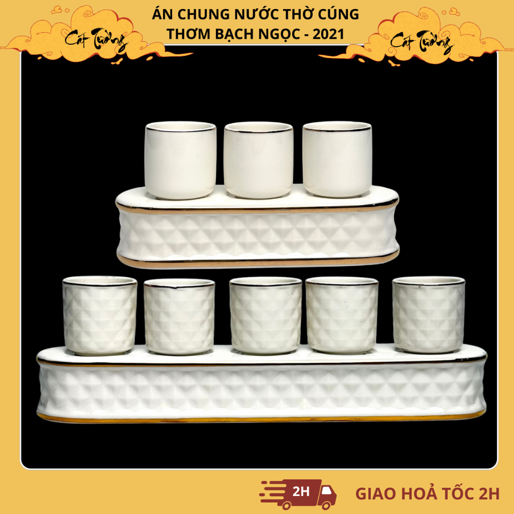 Bộ Án Chung Nước Thờ Cúng Thơm Bạch Ngọc (Bộ 3 Chung & 5 Chung) Loại Sứ Cao Cấp