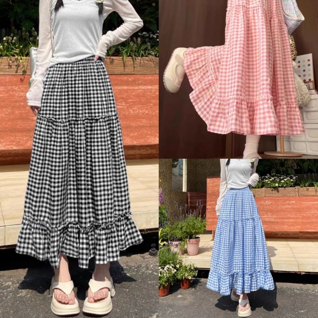 chân váy midi kẻ caro 3 tầng bèo nhún chân váy dài 2 lớp hàn quốc