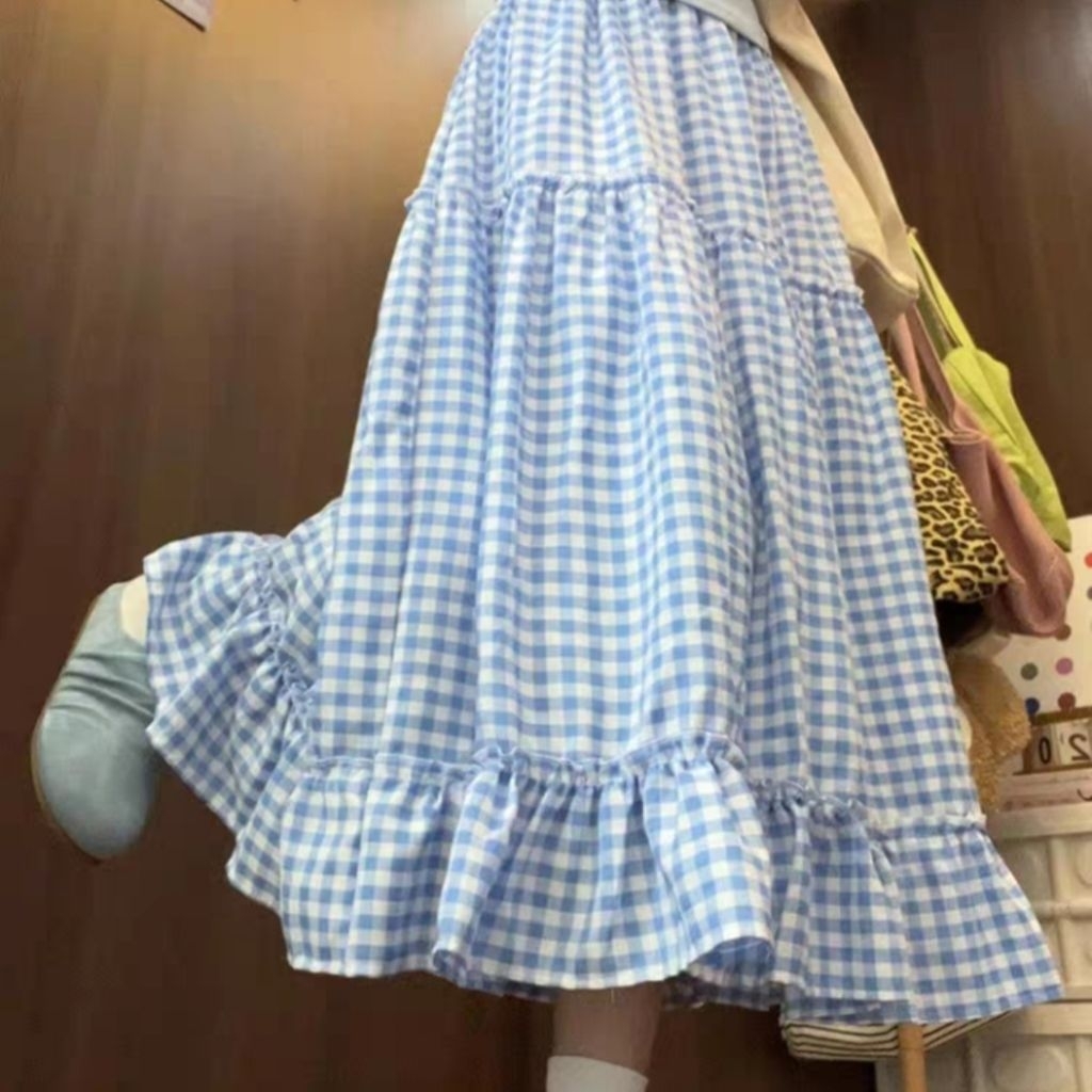 chân váy midi kẻ caro 3 tầng bèo nhún chân váy dài 2 lớp hàn quốc | BigBuy360 - bigbuy360.vn
