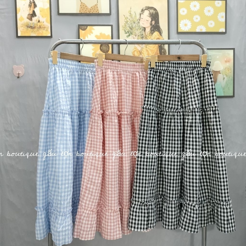 chân váy midi kẻ caro 3 tầng bèo nhún chân váy dài 2 lớp hàn quốc | BigBuy360 - bigbuy360.vn