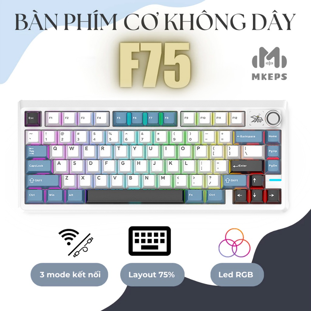 Bàn Phím Cơ Không Dây MKEPS F75 - 3 Chế Độ Bluetooth/USB/2.4G, Hot Swap, RGB 16 Triệu Màu
