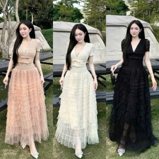 BIGSIZE HIẾU HIẾU (55-95KG) - Váy body thiết kế đi tiệc cổ chữ v tay ngắn phối tầng ren dáng dài sang chảnh D499