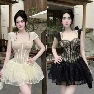 BIGSIZE HIẾU HIẾU (55-95KG) - Váy ren hoa thiết kế cúp ngực dáng xoè phối tay voan cánh tiên D501