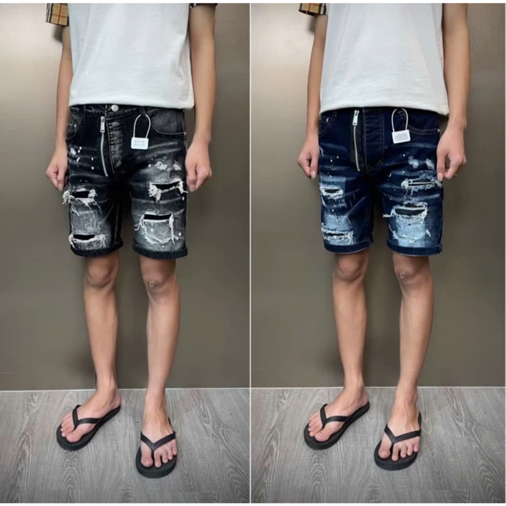 Quần short jean nam xanh và xám rách tưa râu tôm bạ lót chất co dãn mẫu mới-KING77FASHION