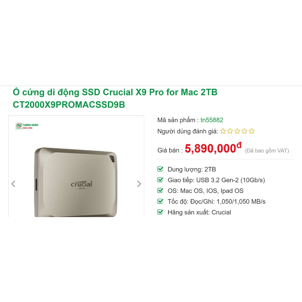 SSD di động Crucial X9 Pro 2TB for Mac-CHỈ 3.5 TRIỆU