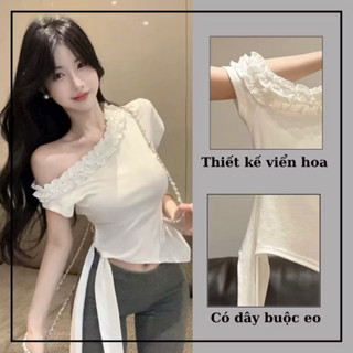 Áo Lệch Vai Nữ Cổ Bèo Vạt Chéo Thắt Nơ Hông Áo Thun Trễ Vai Cộc Tay Croptop Dáng Ôm Body 416Q 