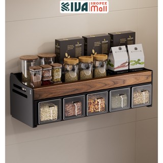 Kệ gia vị nhà bếp KIVA chất liệu gỗ óc chó, lắp đặt dán tường, khoan tường, bảo hành 10 năm