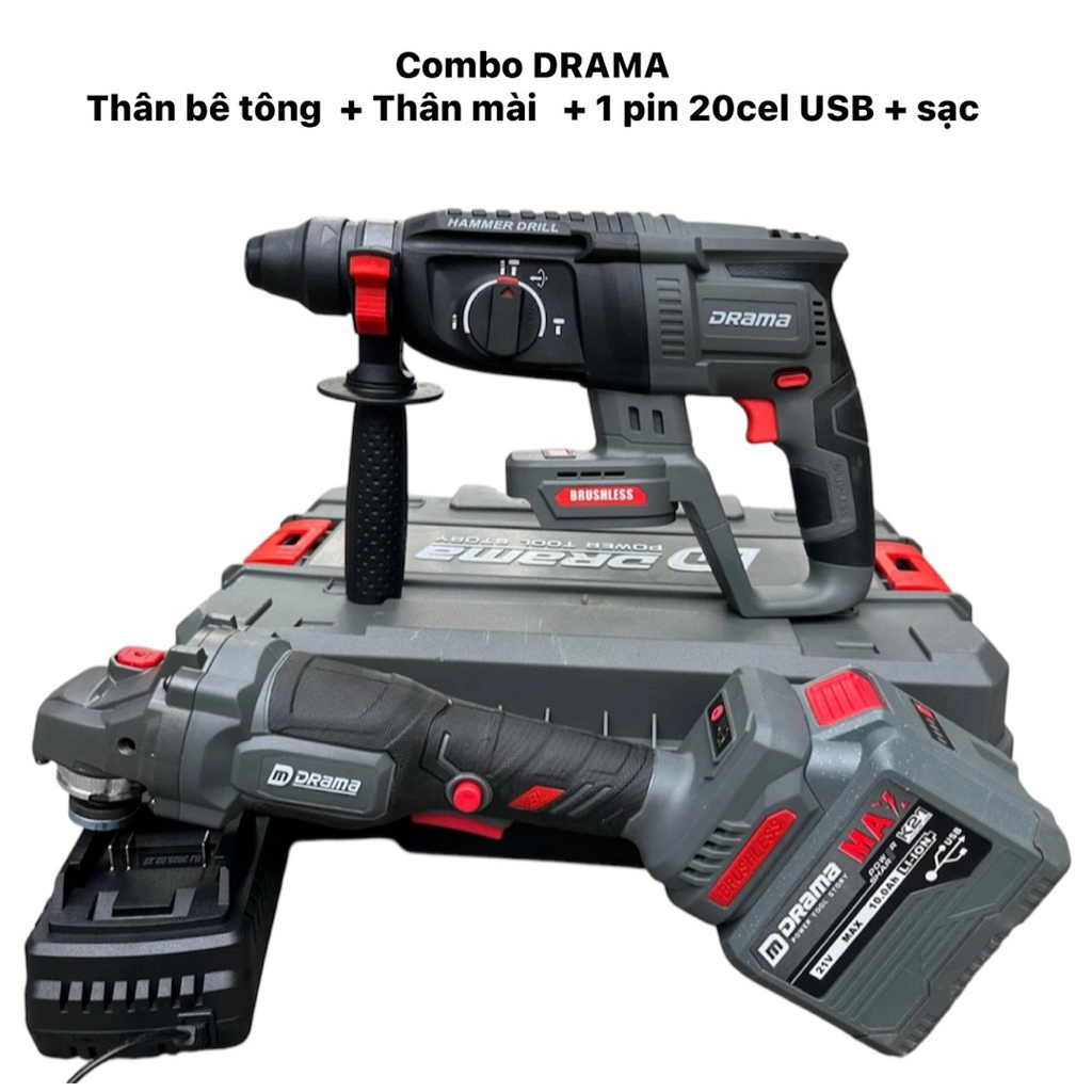 Combo Thân Khoan Bê Tông DRAMA + Thân Mài DRAMA + 1 Pin 20Cell USB + Sạc - Động Cơ Lõi Đồng, Chân Pi