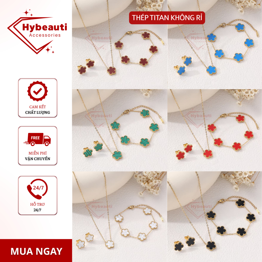 Bộ Trang Sức Nữ VAN 3 Món Titan Cao Cấp, Khuyên Tai, Lắc Tay, Vòng Vổ Cỏ 4 Lá Nhiều Màu size 13mm
