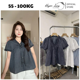 ÁO BABYDOLL CỔ BÈO KẺ dây buộc nơ ở cổ màu xanh than đi chơi đi học hot trend Huyền Lucy Bigsize