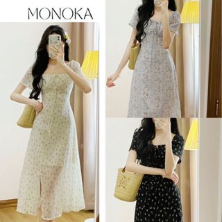  Váy hoa nhí tiểu thư dáng dài xẻ tà cổ vuông cộc tay nhún ngực  Đầm nữ maxi bánh bèo nữ tính công sở thanh lịch T525G 