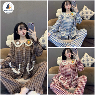  PIJAMA ĐŨI VÂN NHUNG ĐÍNH THỎ CAROT SIZE 45-58KG ĐỒ NGỦ DÀI TAY CỔ SEN PHỐI REN VẢI MỀM MẠI 