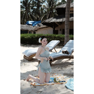  Set Bikini 2 Chi Tiết Bodysuij Phối Chân Váy Ngắn Sexy Set Bộ Bikini 2 Mảnh Xanh Dương Cổ Yếm Mix Chân Váy LH 