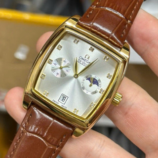 Đồng hồ vuông nam dây da omega chạy full 4 kim đính đá mặt trắng vàng chống nước ocdong.store 