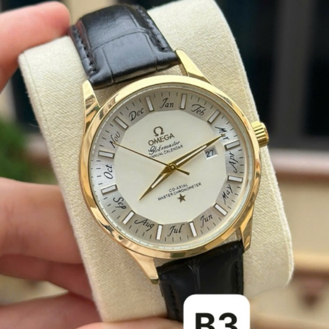 Đồng hồ nam dây da mặt số học trò, đồng hồ o.m.e.g.a kim dạ quang đen trắng size 40 đẹp sang trọng o