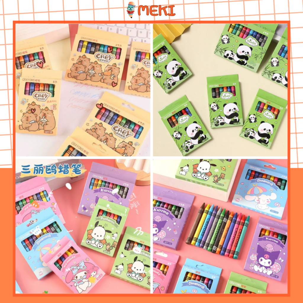 Bút Sáp Màu Cho Bé Tô Vẽ Hình Capybara, Panda, Kuromi,  Hộp 8/12 Màu An Toàn Không Độc Hại, Quà Tặng Học Sinh