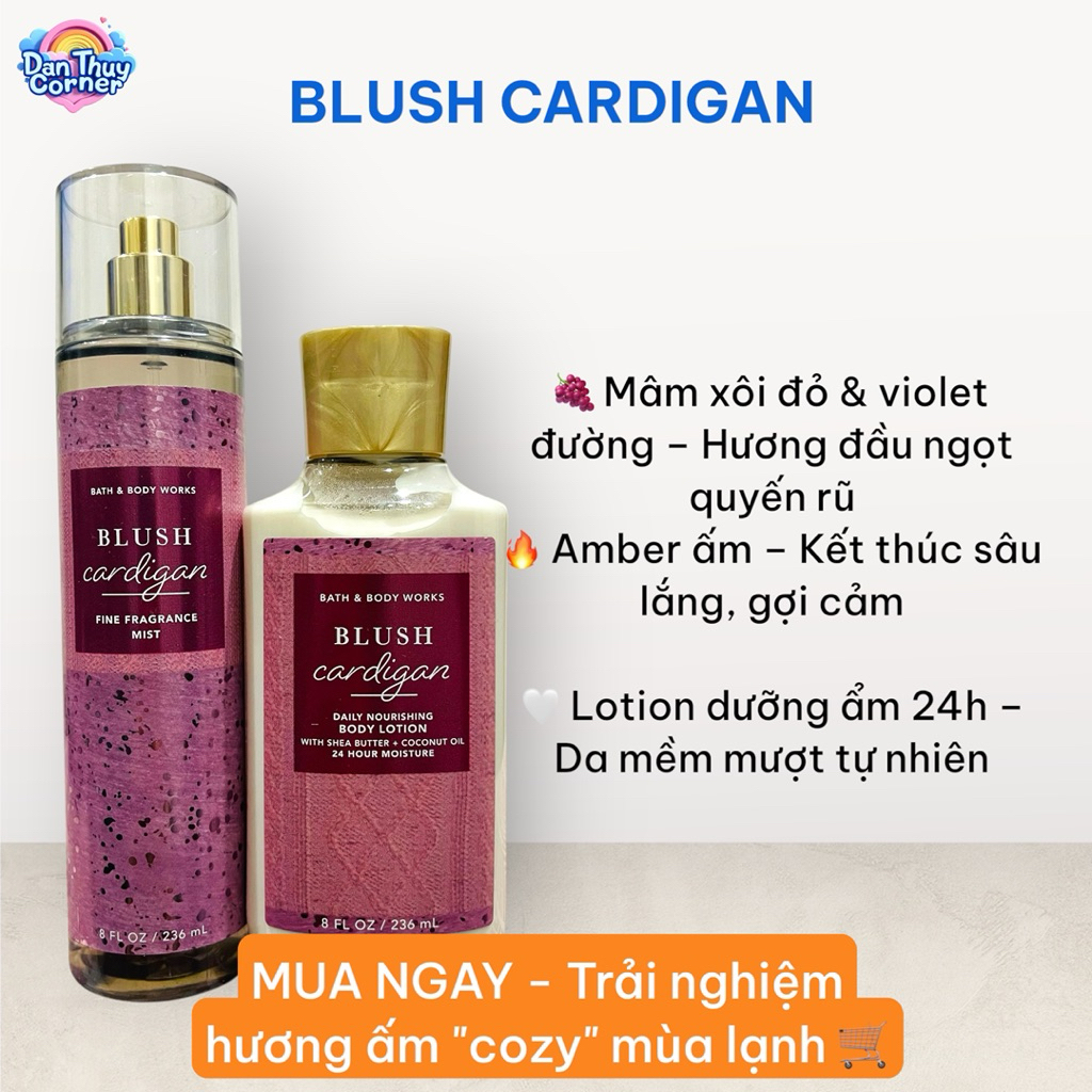 Blush Cardigan Xịt thơm toàn thân Bath & Body Works 236 ml – Hương quả mâm xôi & amber ấm áp