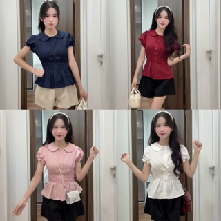 Áo sơ mi nữ cổ sen 1 lớp tay bo cộc tay chun eo 3 hàng phối dây nơ buộc sau lưng ChangStore - A63