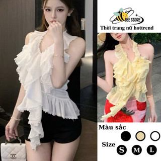  Áo yếm nữ phối viền ren bèo tầng tua rua siêu xinh Bee Store Áo kiểu nữ cổ yếm nhiều tầng chất voan tơ tiểu thư 
