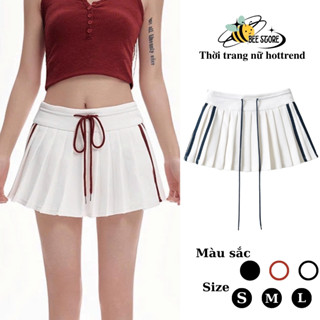  Chân váy nữ tennis viền sọc phối dây rút eo thắt nơ Bee Store Chân váy ngắn nữ xếp li cạp cao có lót quần dày dặn 