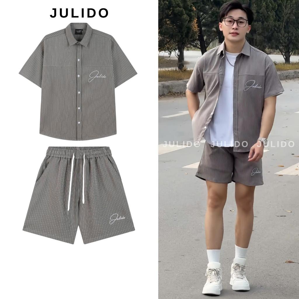 Bộ sơ mi cộc tay JULIDO nam nữ kẻ sọc logo thêu