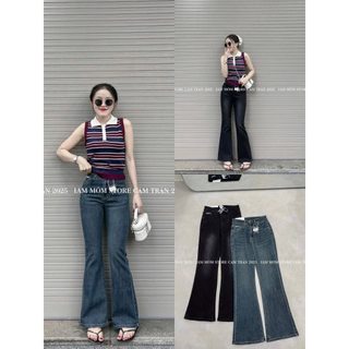  Quần Bò Jeans Nữ Ống Loe Quần Bò Denim Suông Ống Loe Co Giãn Phối Mác Da 2 Màu Bản Cạp Cao Siêu Hách Dáng Cực Đỉnh 