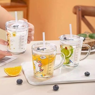  Cốc Chia Vạch Thuỷ Tinh 400ml Có Tay Cầm Tiện Lợi - Cốc Pha Sữa Cho Bé Có Ống Hút Dùng Cho Bé Tập Uống Chống Sặc 
